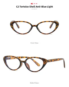 Front and side view of tortoiseshell cat-eye glasses frames with blue light blocking lenses