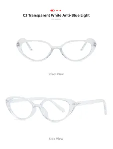 Detail view of transparent white cat eye glasses frame with anti-blue light lenses