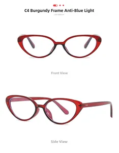 Detailed front and side view of cat eye anti-blue light glasses in wine red finish