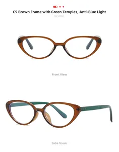 Detail view of cat eye glasses frames in C5 tea brown and green anti-blue light lens