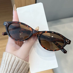 Close-up of retro oval tortoise shell sunglasses with silver studs and brown lenses