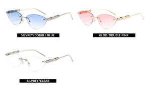 Détail de lunettes de soleil œil-de-chat sans monture avec branches en métal ondulées et dégradés