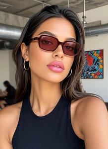 Close-up of deep red rectangular sunglasses worn by a model for a high-fashion look