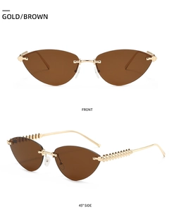 Détail de lunettes de soleil œil de chat sans monture dorées avec verres bruns et branches