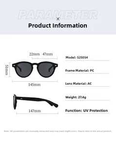 Detailed size chart for retro round sunglasses with precise frame and lens dimensions