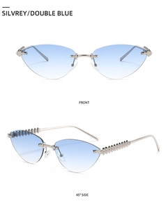 Vues de face et de profil de lunettes de soleil œil de chat sans monture avec dégradé bleu
