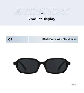 Front view of C1 vintage rectangular sunglasses with black frame and grey lenses