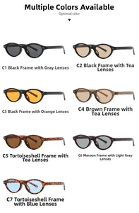 Detailed grid showing narrow oval sunglasses in seven colors with metal rivet accents