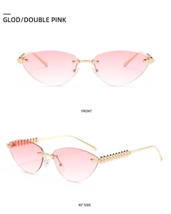 Détails de lunettes œil de chat sans monture avec verres dégradés roses et branches dorées