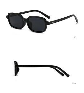 Detailed views of black rectangular sunglasses showing 45-degree angle and side profile