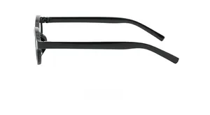 Side view showing slim ergonomic temples of these retro narrow oval black sunglasses