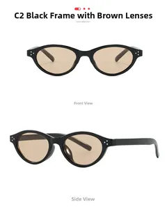 Front and side views of vintage narrow oval sunglasses in black frame with tea lenses