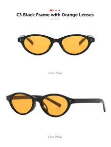 Detail view of oval cat-eye sunglasses with black frame, orange lenses and triple rivets