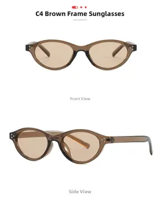 Front and side views of vintage cat-eye sunglasses with transparent brown frame and lenses