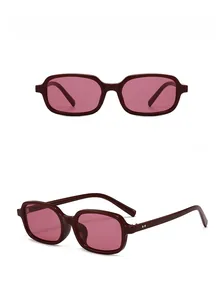 Detail view of burgundy rectangular sunglasses with red lenses from front and side angles