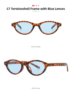 Close-up of tortoise shell oval sunglasses with light blue lenses and silver rivet details