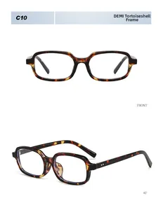 Detailed front and side views of rectangular tortoise shell frames in demi color finish