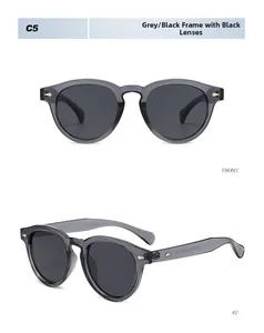 Front and 45-degree angle view of round grey frames with dark lenses and silver rivets