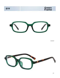 Front and 45-degree macro view of C11 green rectangular sunglasses with tortoiseshell temples