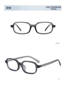 Front and 45-degree angle views of vintage rectangular sunglasses in transparent grey