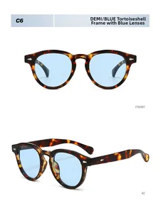 Front and 45-degree macro view of tortoise frame round sunglasses with blue lenses