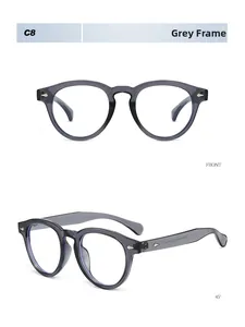 Detail view of transparent grey round frames with decorative metal rivets and side temple