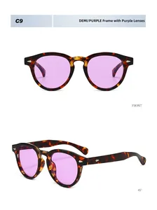 Detail view of round leopard print sunglasses with purple lenses and silver rivets
