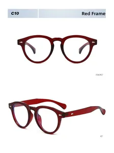 Red retro round glasses frame with silver metal arrow details from front and side angles