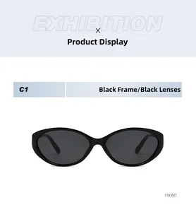 Front view of classic black oval frame sunglasses with dark grey lenses in style C1