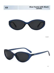 Front and side view of retro cat eye sunglasses with blue frames and black lenses