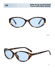 Detail view of vintage cat-eye sunglasses in demi frame with blue lenses from two angles