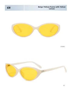 Front and side view of vintage cat-eye sunglasses with beige frames and yellow lenses