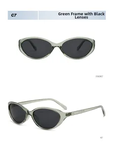 Detail view of cat-eye sunglasses with translucent green frame and dark grey lenses
