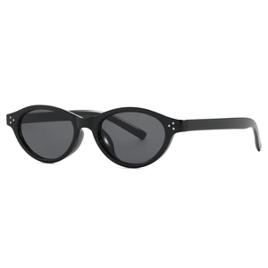 Retro oval small frame sunglasses with black acetate frame and metallic rivet accents
