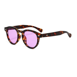 Vintage round leopard pattern sunglasses with purple lenses and metal rivet accents