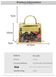 Detailed size specifications for a floral acrylic handbag with golden frame and top handle