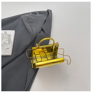 Detailed interior of a gold metallic mini box bag with chain and card slot view