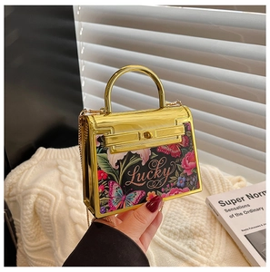 Detail of gold acrylic mini bag with floral butterfly print and vintage lucky design