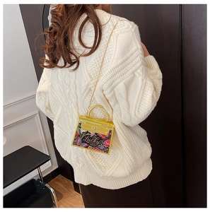 Close-up of printed acrylic mini bag with gold chain and floral butterfly lucky print