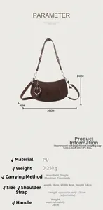 Detailed size chart for brown PU leather bag with heart rivet charms and adjustable strap