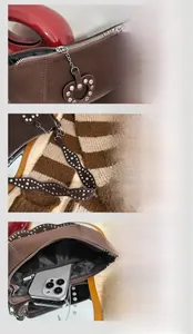 Detail of smooth zipper, studded shoulder strap, and inner pocket of coffee crossbody bag