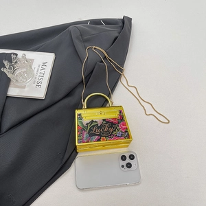 Yellow acrylic mini Kelly bag with floral butterfly print and gold chain strap