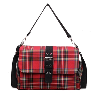 Classic red and black plaid crossbody bag with metal buckle and adjustable strap