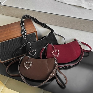 Retro matte crescent shoulder bags with metal studs and heart pendant in three colors