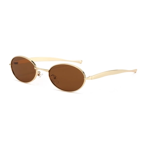 Retro oval sunglasses with slim gold metal frame and dark brown lenses for fashion