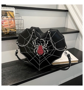 Detail of gothic heart bag with spider web stitching and large rhinestone spider ornament