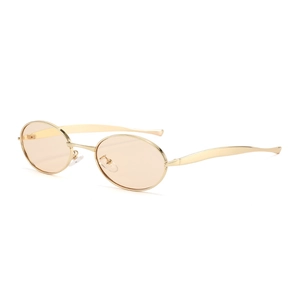 Oval gold metal frame sunglasses with champagne lenses in a 45-degree side view