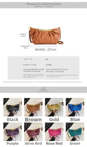 Detailed view of ruched cloud clutch bag specifications and variety of available colors