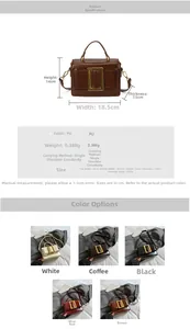 Detail view of compact vintage square crossbody bag showing dimensions and PU leather texture