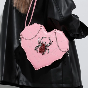 Heart Shaped Shoulder Bag PU Leather Spider Web Embroidery Rhinestone Spider Gothic Punk Crossbody Handbag For Women